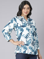 Indigo Whisper Notch-Neck Short Kurti with Oceanic Blue Leaf Print on Ivory Base
