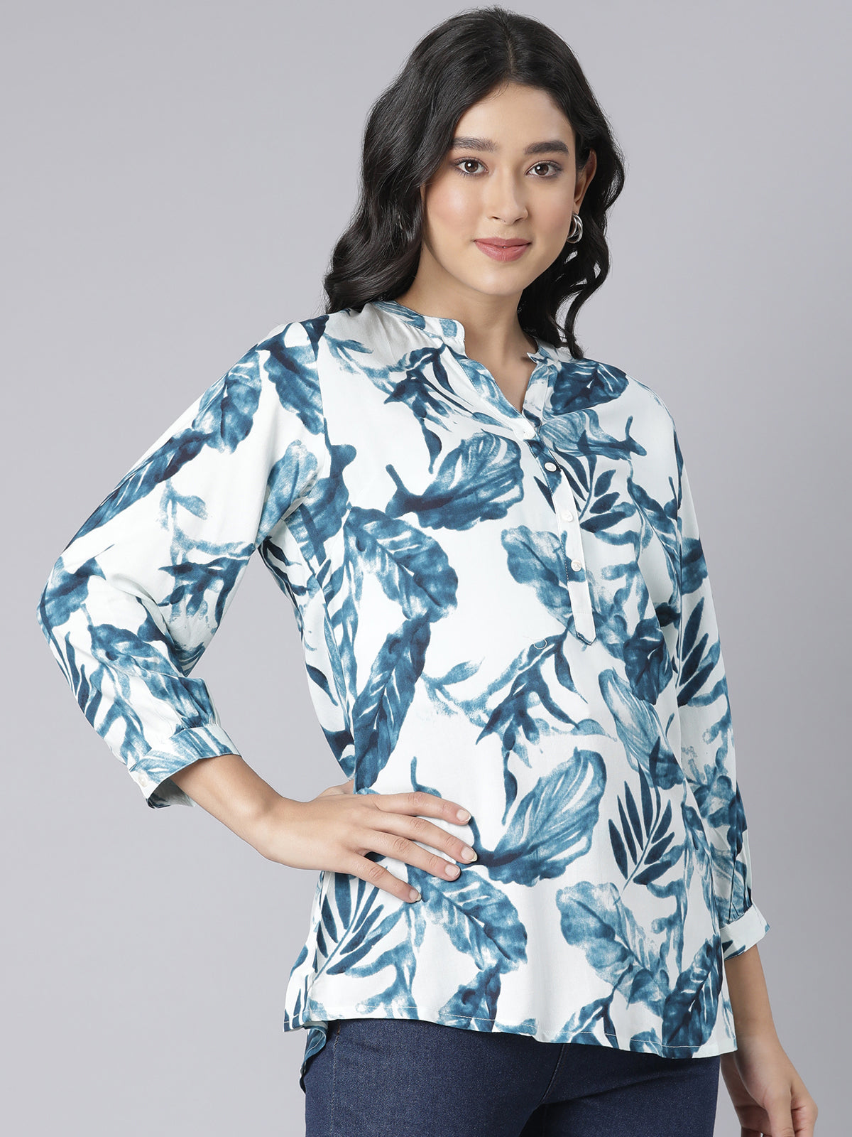 Indigo Whisper Notch-Neck Short Kurti with Oceanic Blue Leaf Print on Ivory Base