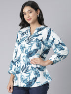 Indigo Whisper Notch-Neck Short Kurti with Oceanic Blue Leaf Print on Ivory Base