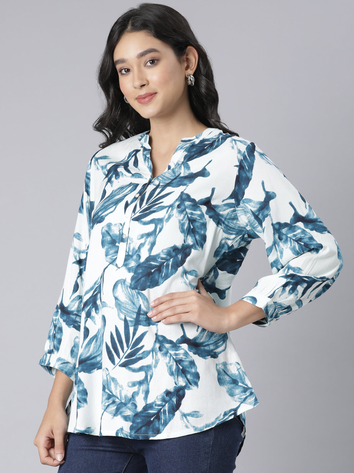 Indigo Whisper Notch-Neck Short Kurti with Oceanic Blue Leaf Print on Ivory Base