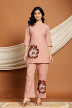 Dusty Rose Bloom Co-ord Set with hand-painted floral motifs