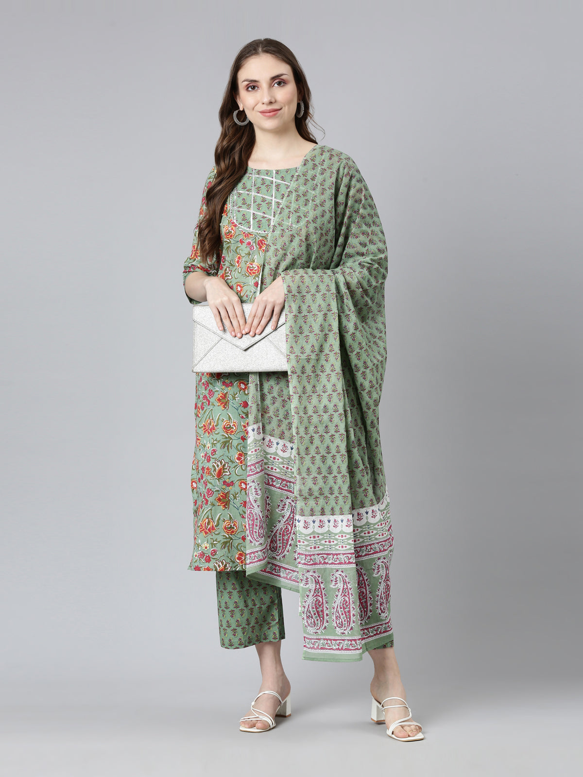 Front view of Samhitas Mint Green Kurti Set For Women