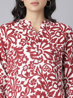 White and Red Floral Printed Short Kurti with Mandarin Collar and 3/4 Sleeves