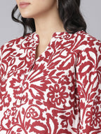 White and Red Floral Printed Short Kurti with Mandarin Collar and 3/4 Sleeves