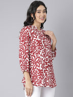 White and Red Floral Printed Short Kurti with Mandarin Collar and 3/4 Sleeves