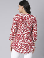 White and Red Floral Printed Short Kurti with Mandarin Collar and 3/4 Sleeves