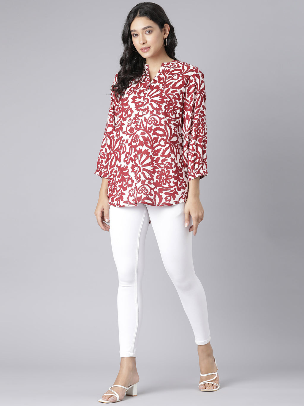 White and Red Floral Printed Short Kurti with Mandarin Collar and 3/4 Sleeves