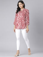White and Red Floral Printed Short Kurti with Mandarin Collar and 3/4 Sleeves
