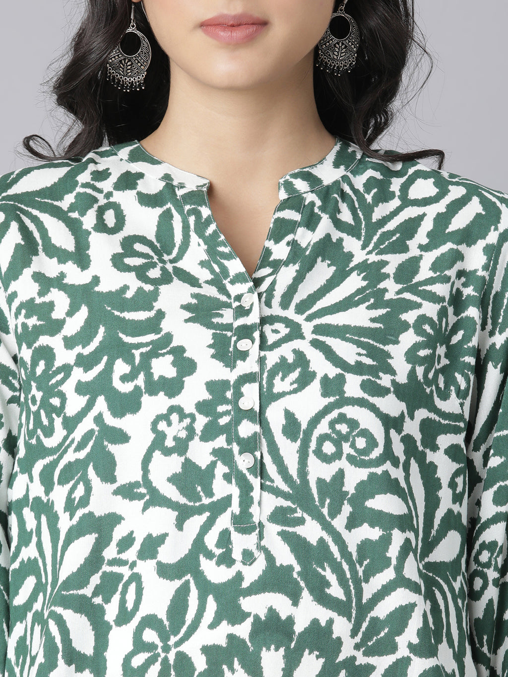 White and Green Floral Printed Short Kurti with Mandarin Collar and Button Detailing