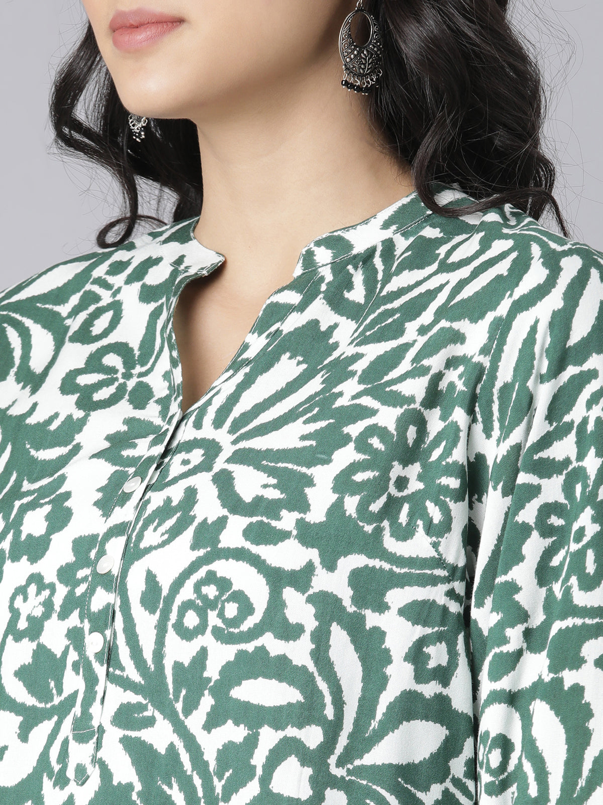 White and Green Floral Printed Short Kurti with Mandarin Collar and Button Detailing