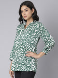 White and Green Floral Printed Short Kurti with Mandarin Collar and Button Detailing