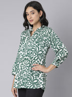 White and Green Floral Printed Short Kurti with Mandarin Collar and Button Detailing