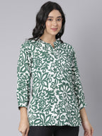 White and Green Floral Printed Short Kurti with Mandarin Collar and Button Detailing