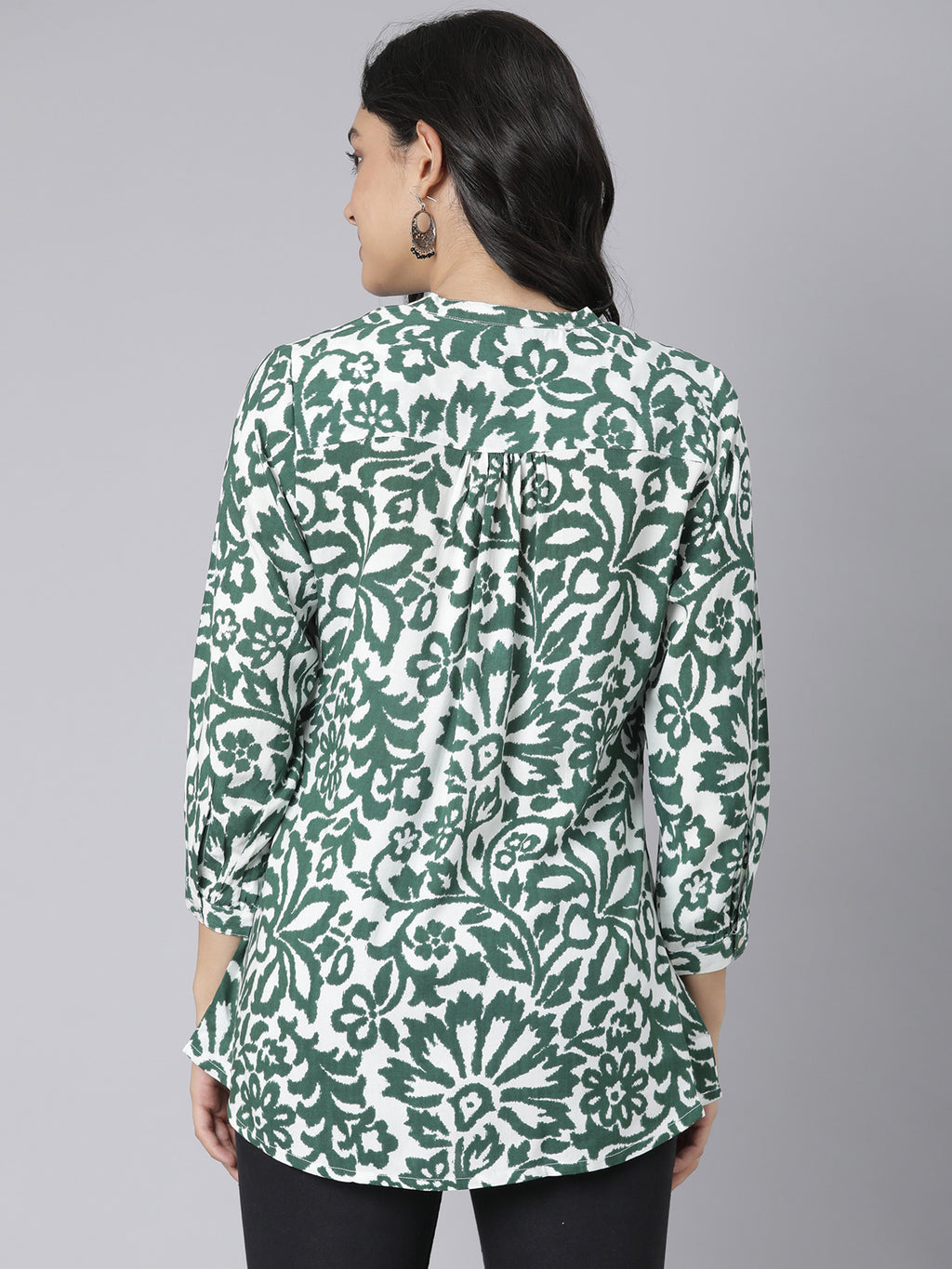 White and Green Floral Printed Short Kurti with Mandarin Collar and Button Detailing