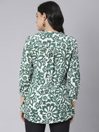 White and Green Floral Printed Short Kurti with Mandarin Collar and Button Detailing