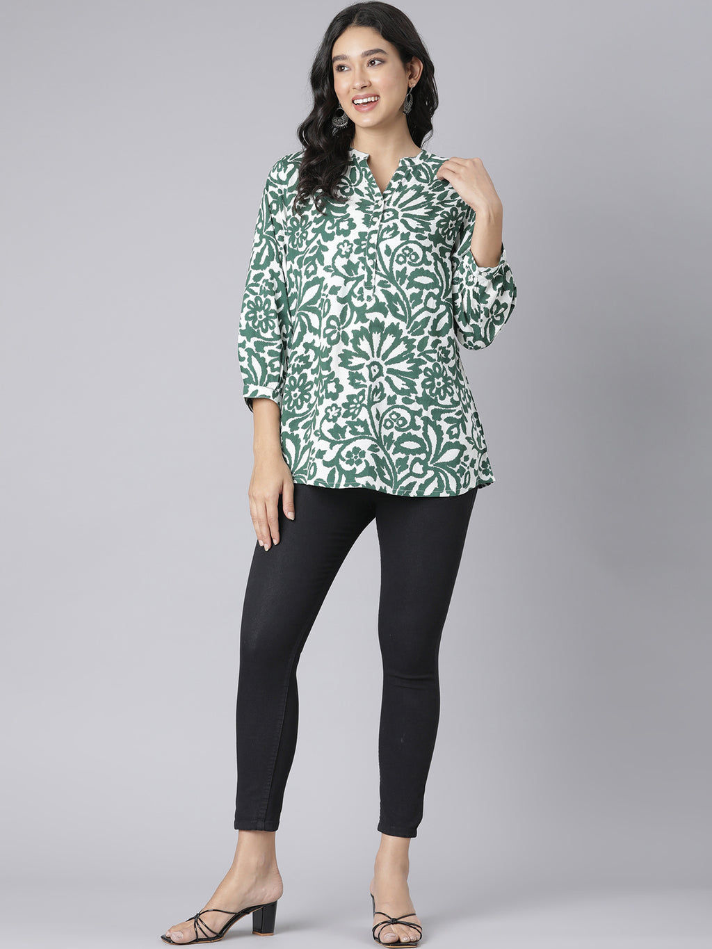 White and Green Floral Printed Short Kurti with Mandarin Collar and Button Detailing