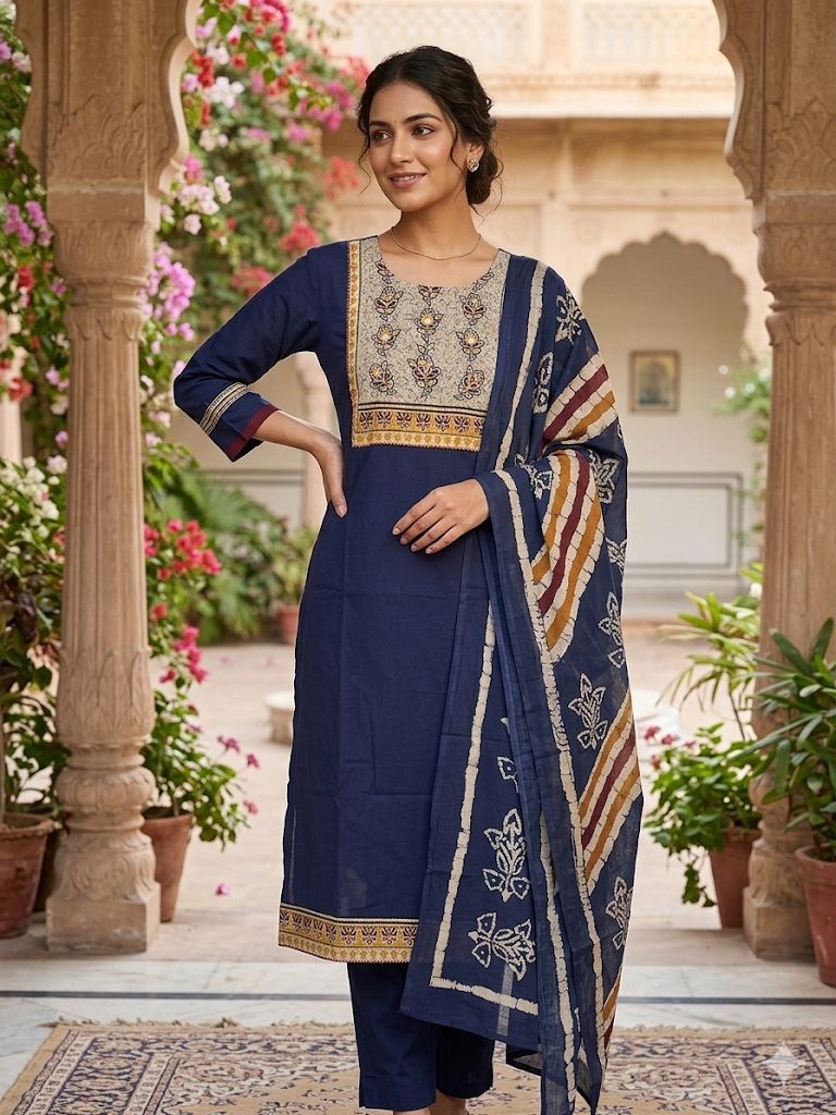 Women’s Navy Blue Printed Kurta Pant Set with Dupatta