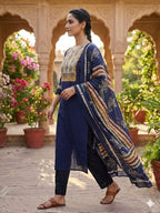 Women’s Navy Blue Printed Kurta Pant Set with Dupatta