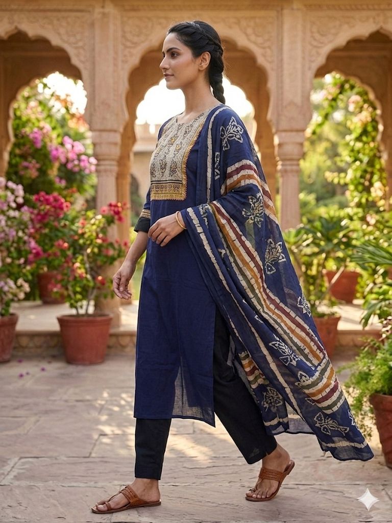 Women’s Navy Blue Printed Kurta Pant Set with Dupatta