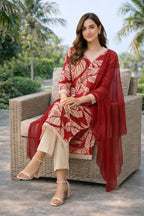 Cotton Flex Printed Kurta Set with Dupatta - Brick Red