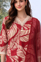 Cotton Flex Printed Kurta Set with Dupatta - Brick Red