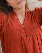 Orange Cotton Gathered Co-ord Set with Contrast Stitch Detail