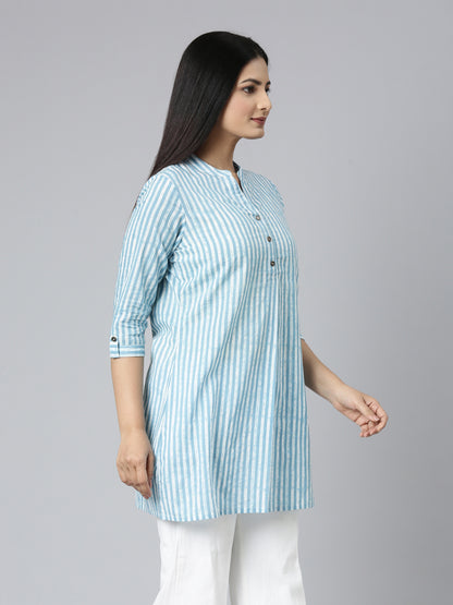 side view of Pastel Blue Cotton Short Kurti for women from samhitas apparel