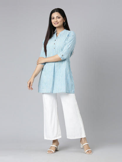 front view of Pastel Blue Cotton Short Kurti for women from samhitas apparel