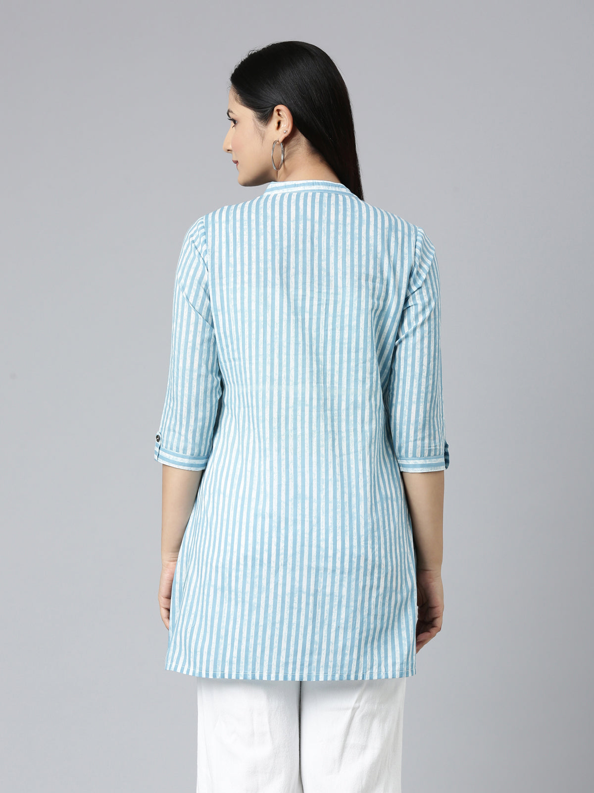 backside view of Pastel Blue Cotton Short Kurti for women from samhitas apparel