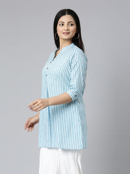 side view of Pastel Blue Cotton Short Kurti for women from samhitas apparel