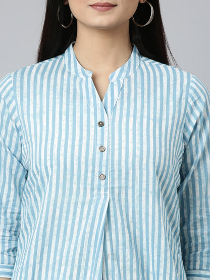 closeup view of Pastel Blue Cotton Short Kurti for women from samhitas apparel