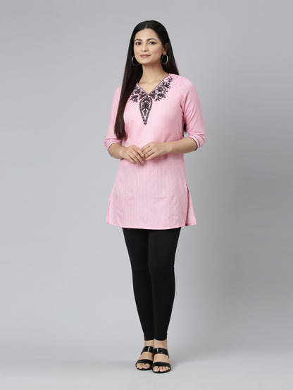 FRONT VIEW IMAGE OF SAMHITAS BABY PINK SHORT KURTI WITH NECK AND SLEEVE EMBROIDERY