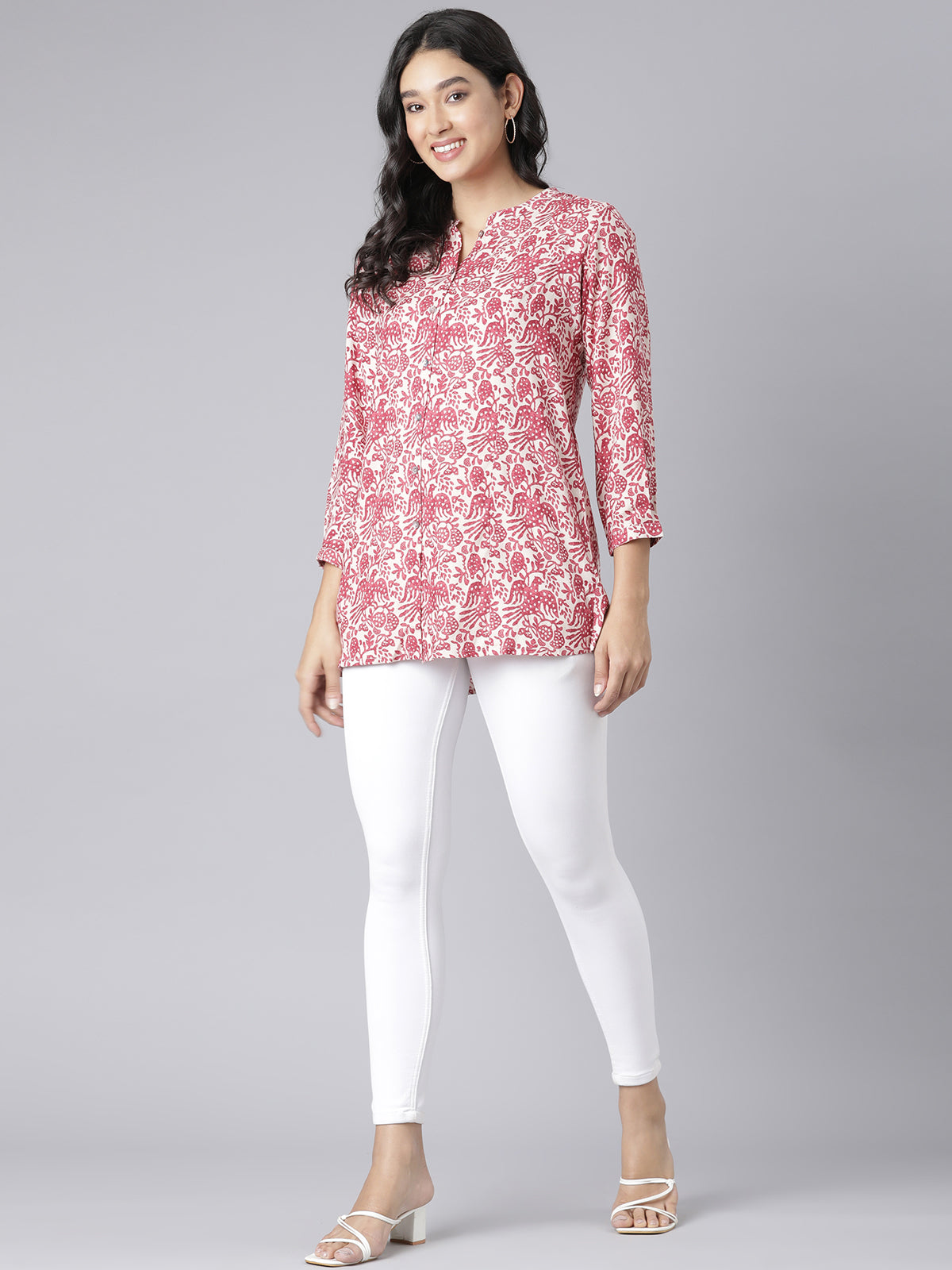 White and Pink Bird & Floral Printed Short Kurti with Mandarin Collar and Button Detailing