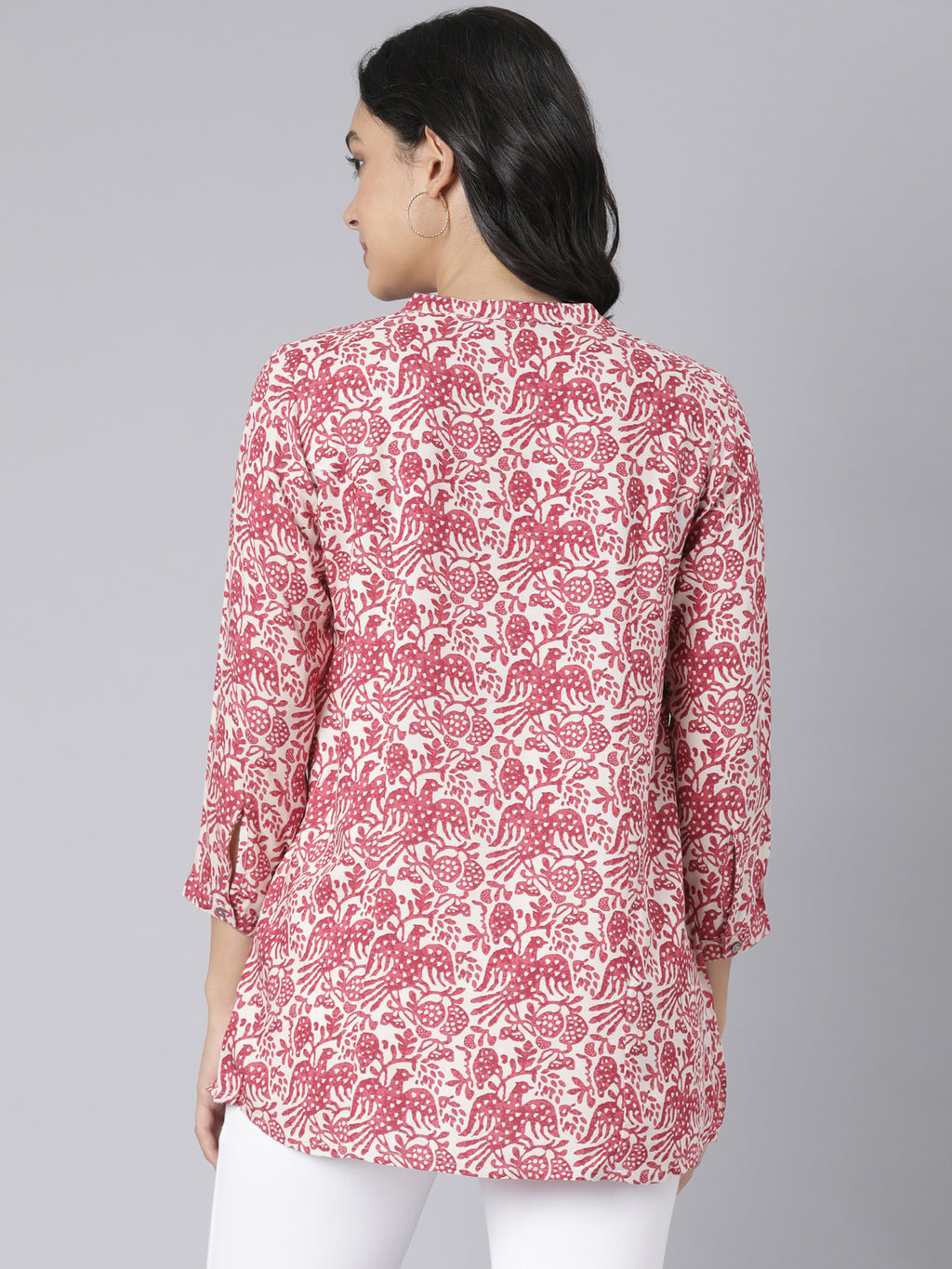 White and Pink Bird & Floral Printed Short Kurti with Mandarin Collar and Button Detailing