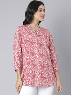 White and Pink Bird & Floral Printed Short Kurti with Mandarin Collar and Button Detailing