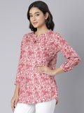 White and Pink Bird & Floral Printed Short Kurti with Mandarin Collar and Button Detailing