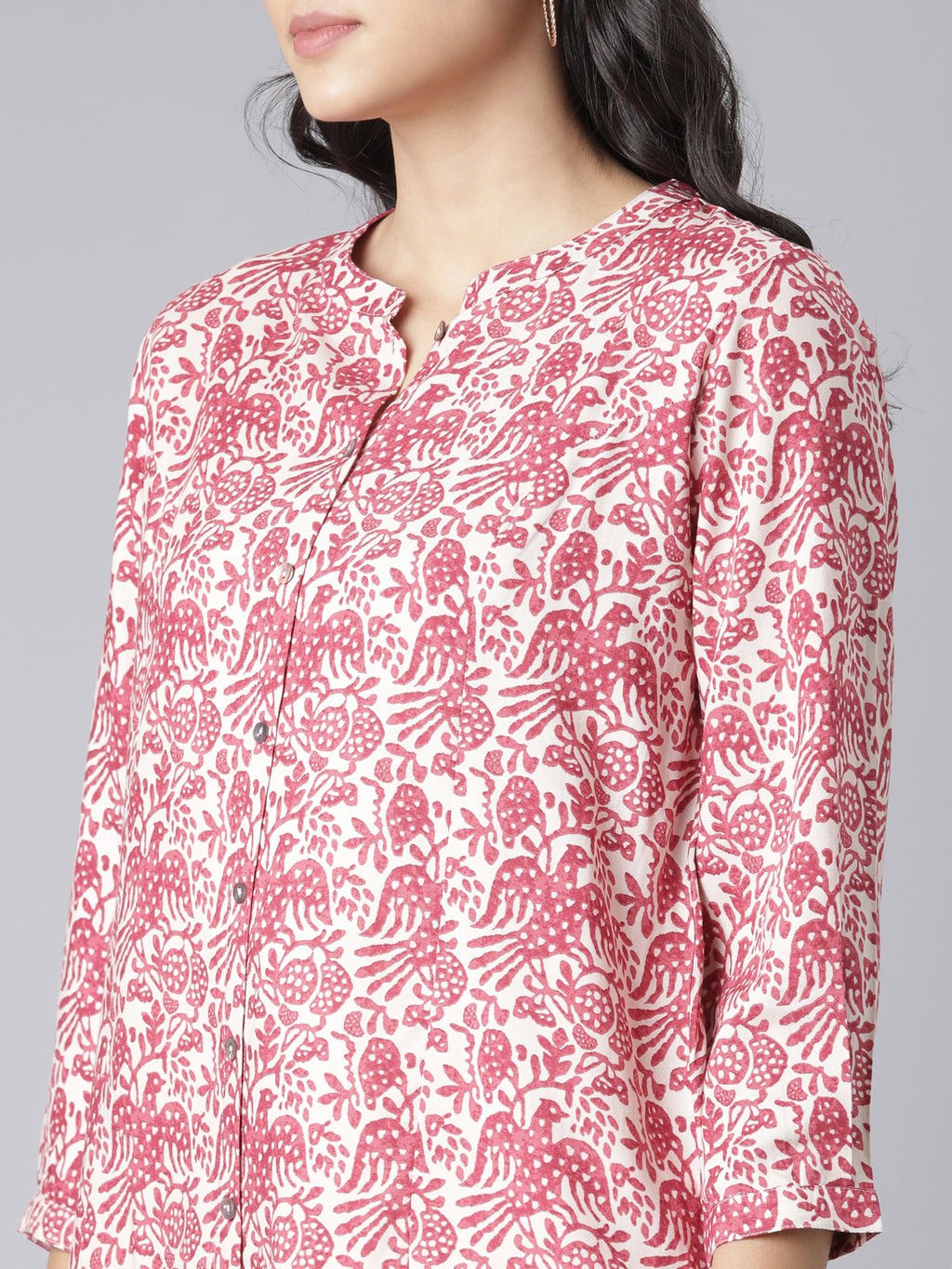 White and Pink Bird & Floral Printed Short Kurti with Mandarin Collar and Button Detailing