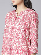 White and Pink Bird & Floral Printed Short Kurti with Mandarin Collar and Button Detailing