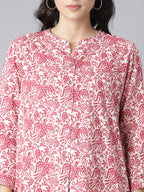 White and Pink Bird & Floral Printed Short Kurti with Mandarin Collar and Button Detailing