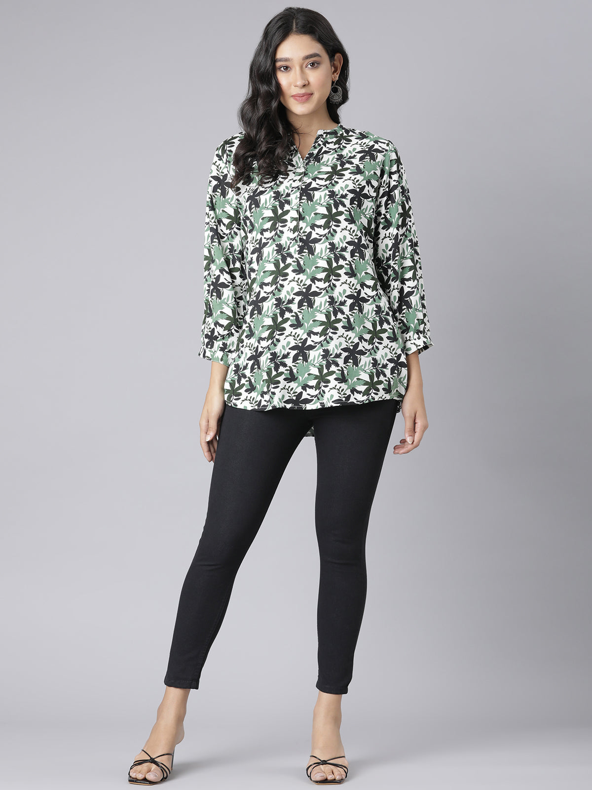 White and Green Leaf Printed Short Kurti with Mandarin Collar and Button Detailing