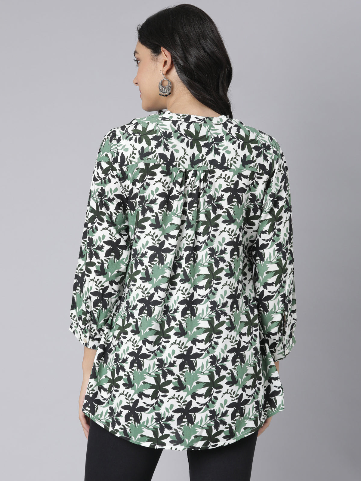 White and Green Leaf Printed Short Kurti with Mandarin Collar and Button Detailing
