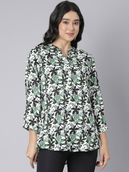 White and Green Leaf Printed Short Kurti with Mandarin Collar and Button Detailing