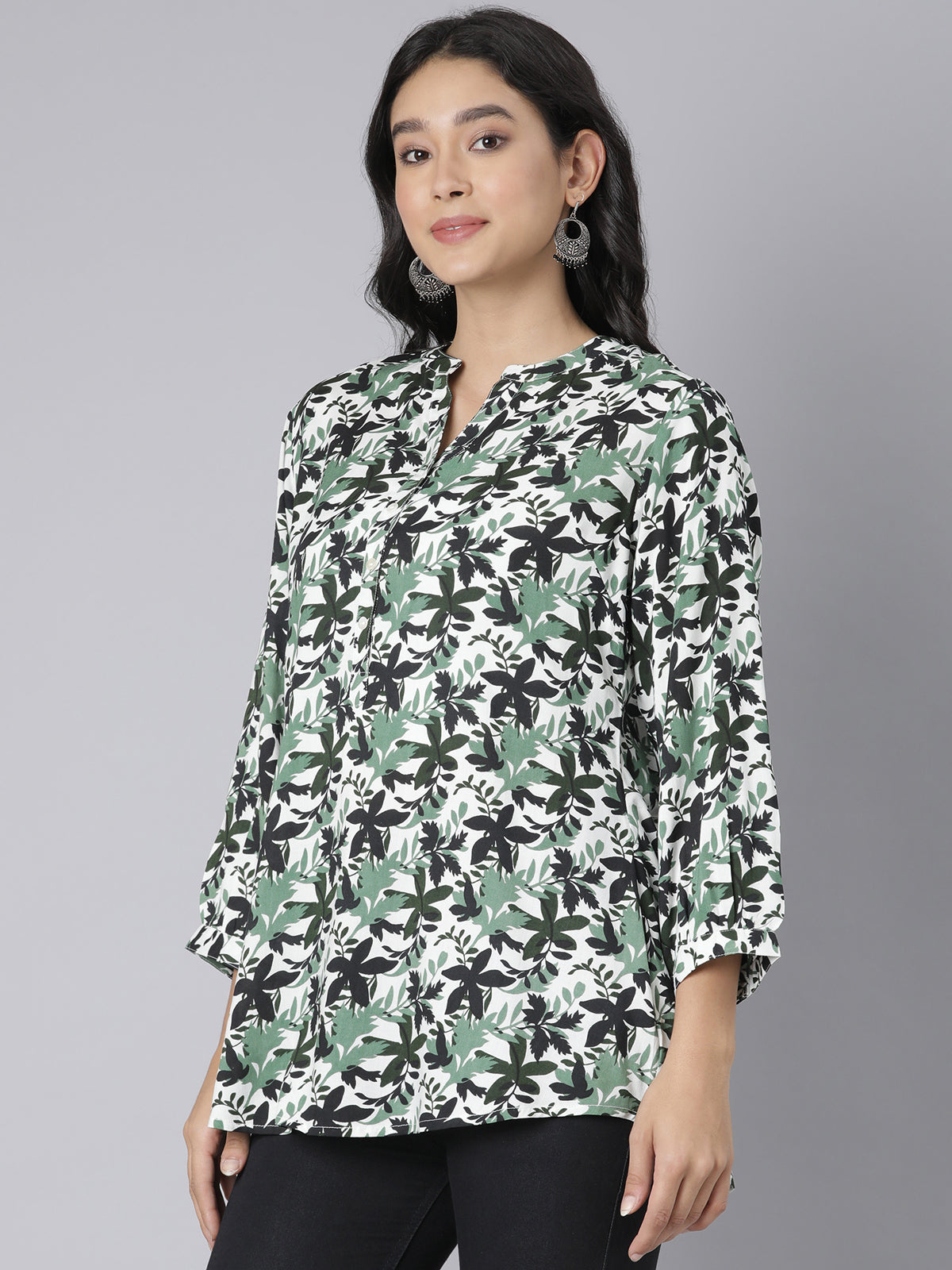 White and Green Leaf Printed Short Kurti with Mandarin Collar and Button Detailing