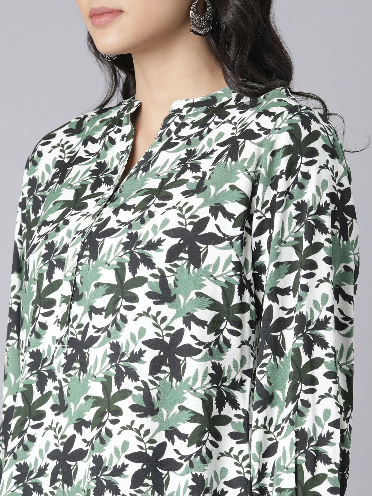 White and Green Leaf Printed Short Kurti with Mandarin Collar and Button Detailing