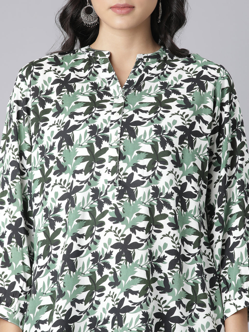 White and Green Leaf Printed Short Kurti with Mandarin Collar and Button Detailing