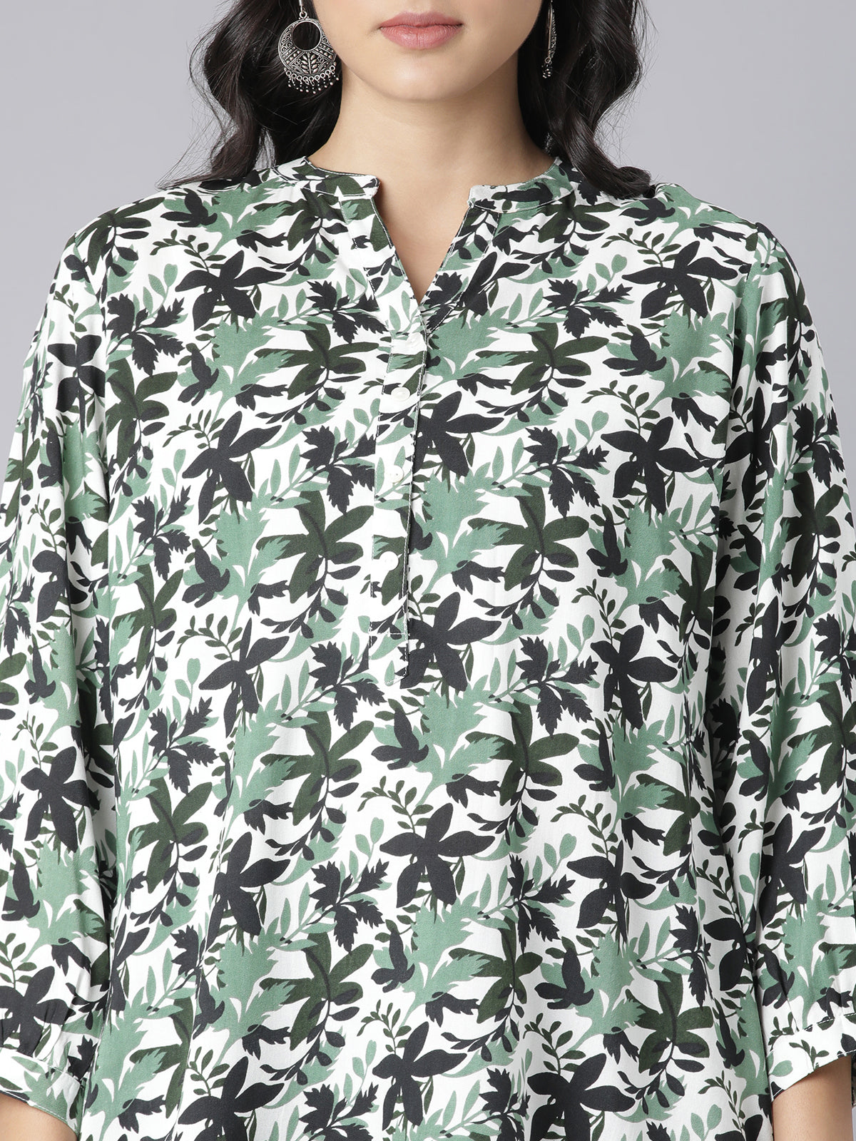 White and Green Leaf Printed Short Kurti with Mandarin Collar and Button Detailing