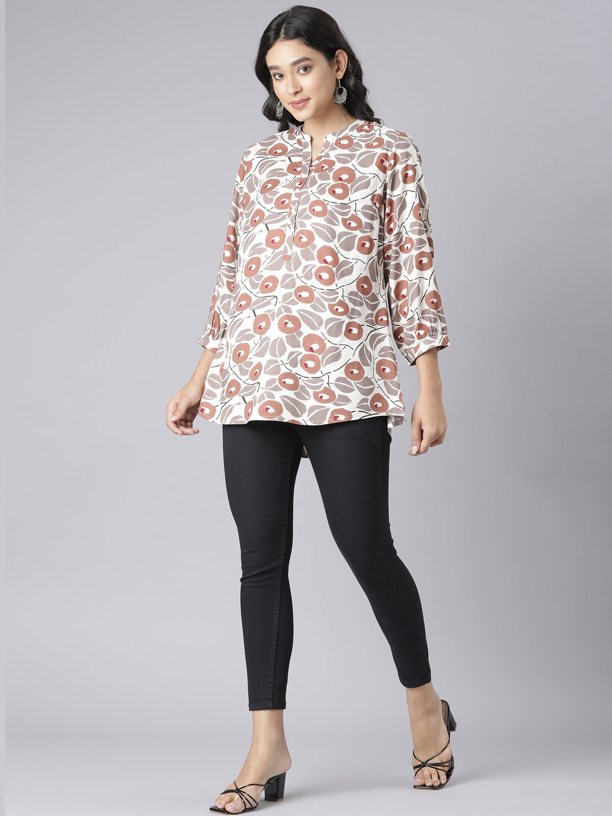 Women's Beige & Rust Floral Print A-Line Short Kurti