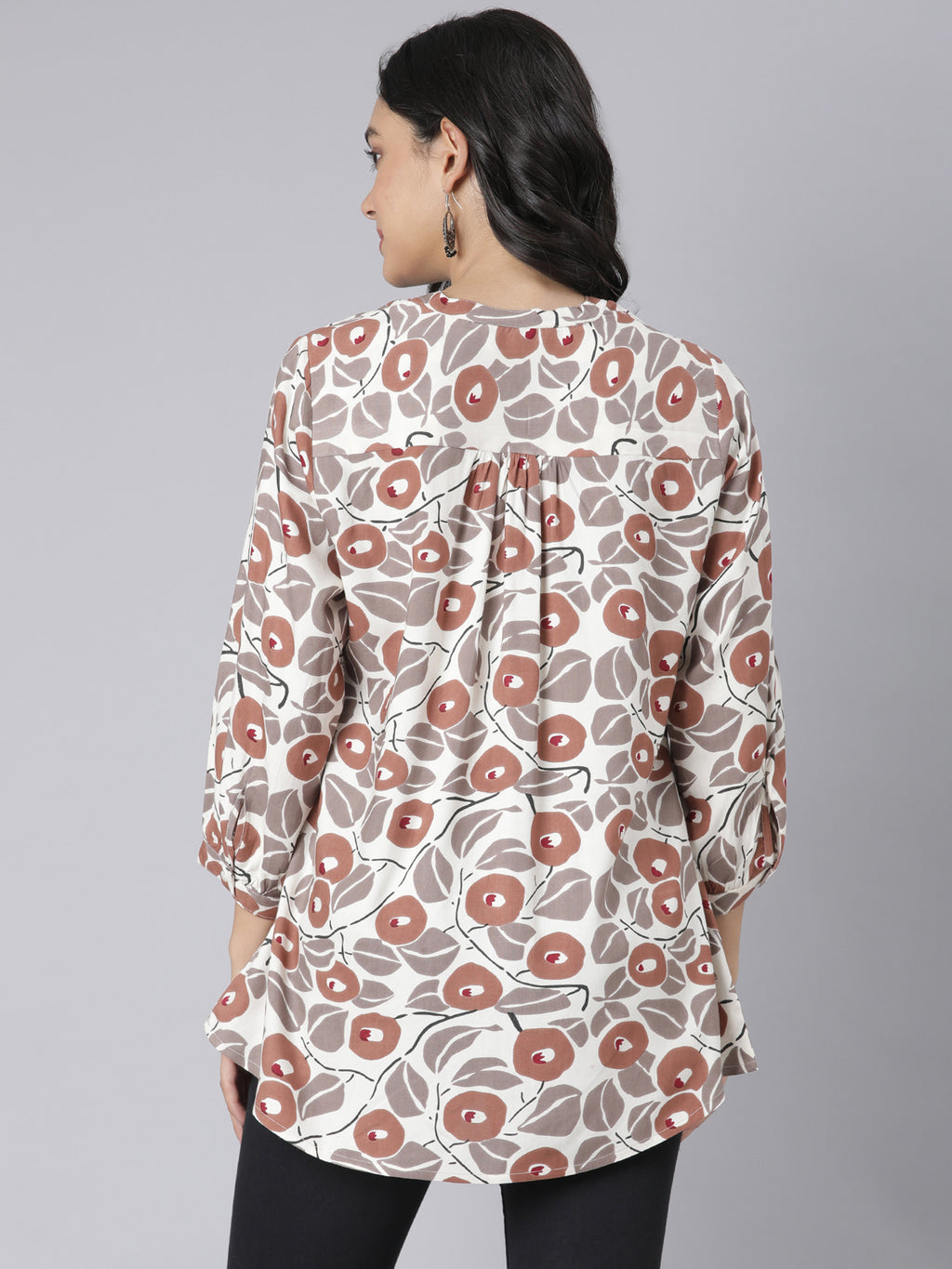 Women's Beige & Rust Floral Print A-Line Short Kurti