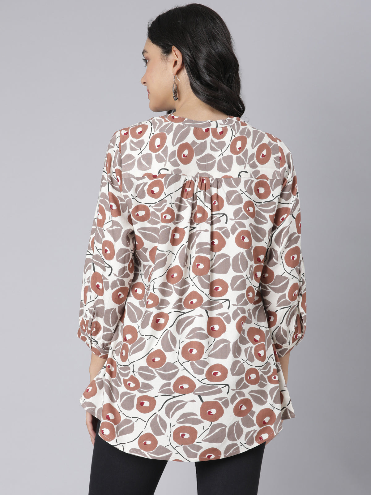 Women's Beige & Rust Floral Print A-Line Short Kurti