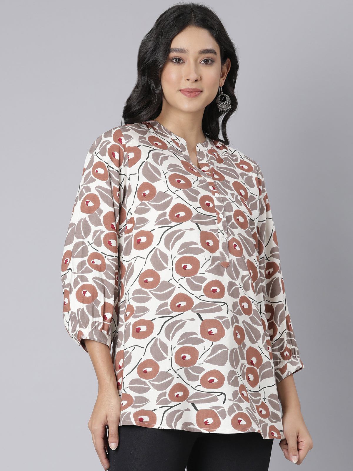 Women's Beige & Rust Floral Print A-Line Short Kurti